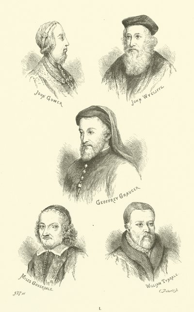 John Gower, John Wycliffe, Geoffrey Chaucer, Miles Coverdale, William Tyndale door English School