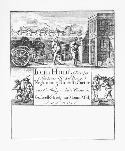 John Hunt, Nachtman en Vuilnis Carter, nabij de Wagon and Horses in Goswell Street, nabij Mount Mill, Londen door English School