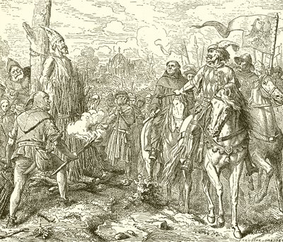 Jan Hus, op de brandstapel, opgeroepen om te herroepen door English School