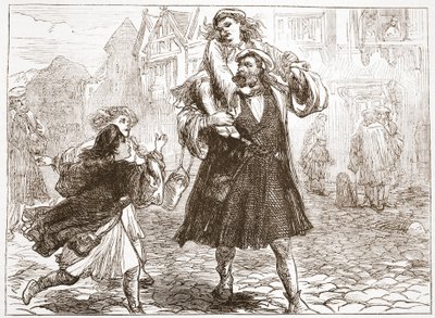 John Luther die zijn zoon naar school brengt, illustratie uit The History of Protestantism door James Aitken Wylie (1808-1890), gepubliceerd 1878 door English School