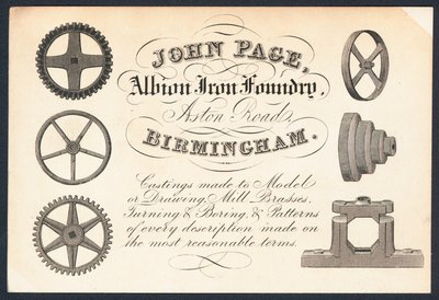 John Page, Albion Iron Foundry, handelskaart door English School