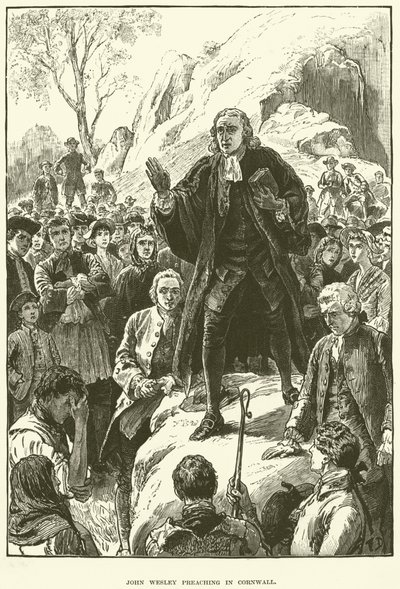 John Wesley, predikend in Cornwall (gravure) door English School