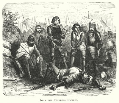 Johannes de onverschrokkene neergestoken (gravure) door English School