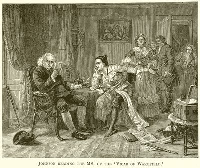 Johnson leest het manuscript van de Vicar of Wakefield door English School