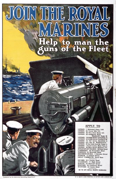Word lid van de Royal Marines - Help de kanonnen van de vloot te bemannen, Eerste Wereldoorlog wervingsposter door English School