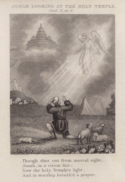 Jona kijkt naar de Heilige Tempel, Jona II, vers 4 (gravure) door English School