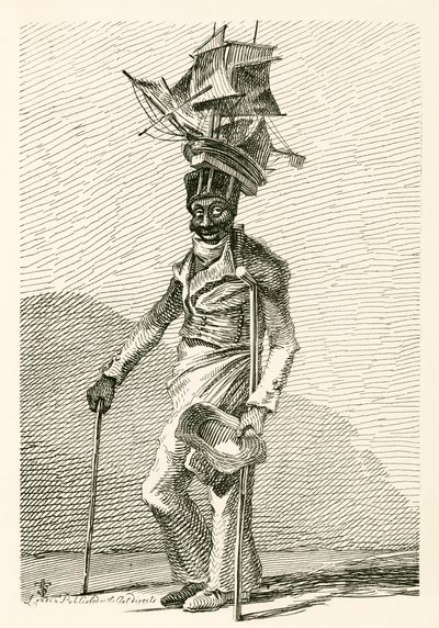 Joseph Johnson, een zwarte zeeman, met een model van het schip Nelson op zijn pet door English School