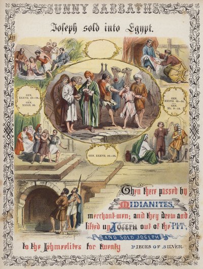 Jozef verkocht naar Egypte (gekleurde gravure) door English School