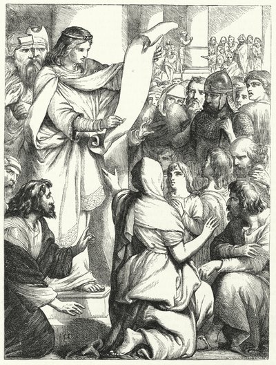 Josia, koning van Juda, leest de wet voor aan het volk (gravure) door English School