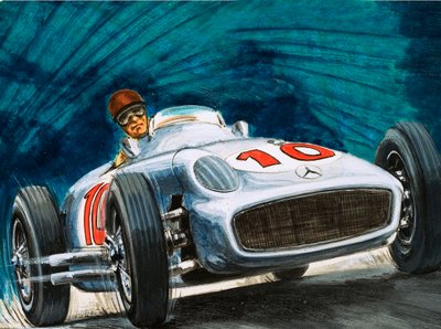 Juan Manuel Fangio rijdt in een Mercedes-Benz door English School