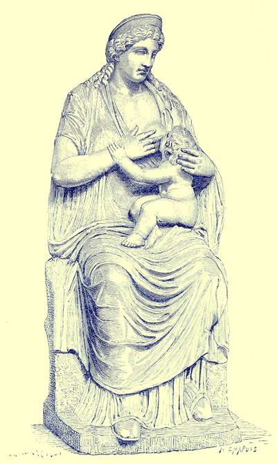 Juno die de baby Hercules voedt, standbeeld in het Vaticaan, illustratie uit Geschiedenis van Rome door Victor Duruy, gepubliceerd 1884 door English School