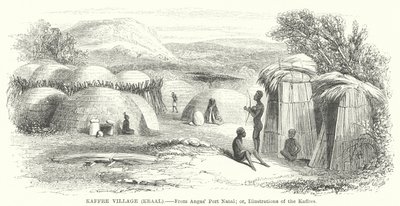 Kaffre dorp, Kraal (gravure) door English School
