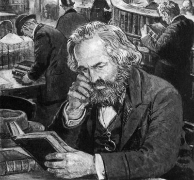Karl Marx studeert en schrijft in de leeszaal van het British Museum door English School