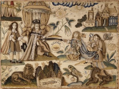 Koning Ahasveros en koningin Esther, ca. 1660 (zijde, metaalgarens  isinglass) door English School