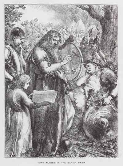 Koning Alfred in het Deense kamp (gravure) door English School