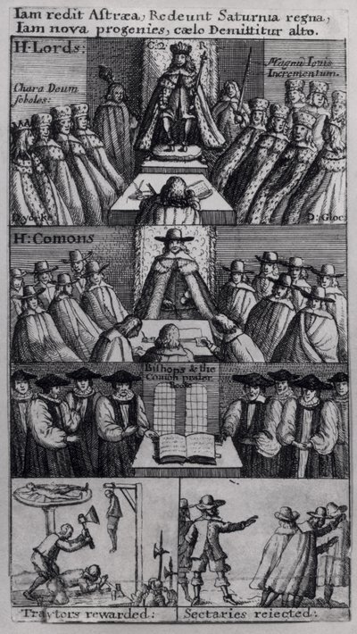 Koning Karel II (1630-85) met de Houses of Parliament, 1660 door English School