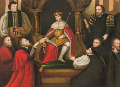 Koning Edward VI bevestigt het geschenk van zijn vader van Christs Hospital aan de stad Londen door English School