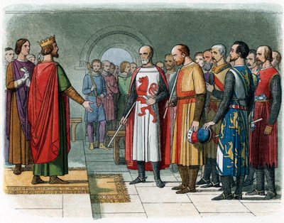 Koning Hendrik III van Engeland tegenover de Baron Commissie onder leiding van Simon V van Montfort, illustratie uit 