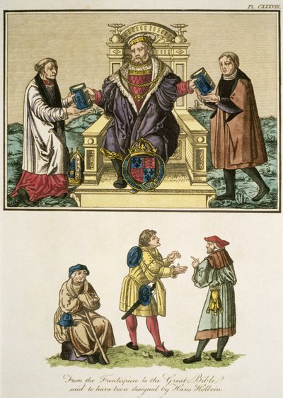 Koning Hendrik VIII (1491-1547) van de frontispice van de Grote Bijbel, naar verluidt ontworpen door Hans Holbein, illustratie uit The Complete View of the Dress and Habits of the People of England Volume II, gepubliceerd 1799 door English School