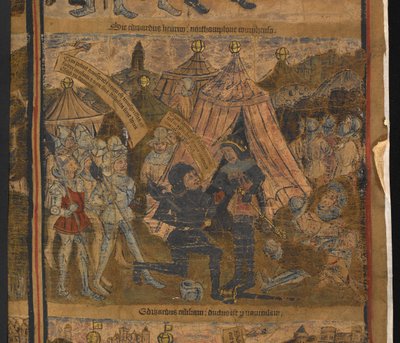 Koning Hendrik VI gevangen genomen na de slag bij Northampton, uit Typologisch leven en genealogie van Koning Edward IV, Harley MS 7353 door English School