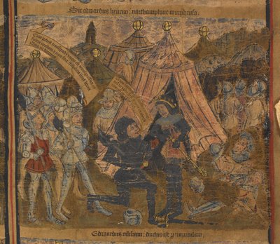 Koning Hendrik VI gevangen genomen na de slag bij Northampton in 1460 door Edward van York (later koning Edward IV) en de graven van Warwick en Salisbury, illustratie uit 