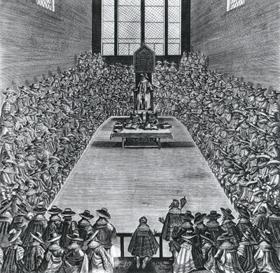 Koning James I (1566-1625) in de Huizen van het Parlement, 1624 door English School