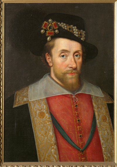 Koning James I van Engeland en Schotland ... (schilderij op doek) door English School