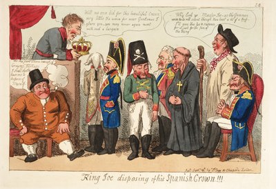 Koning Joe die zijn Spaanse kroon afstaat!!! Pub. 1808 (handgekleurde gravure) door English School