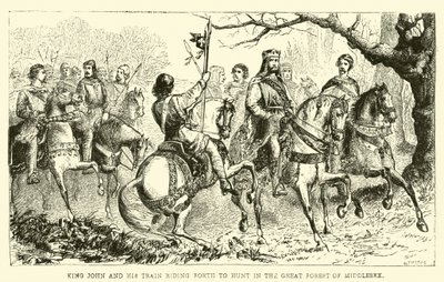 Koning Jan en zijn gevolg rijden uit om te jagen in het Grote Woud van Middlesex door English School