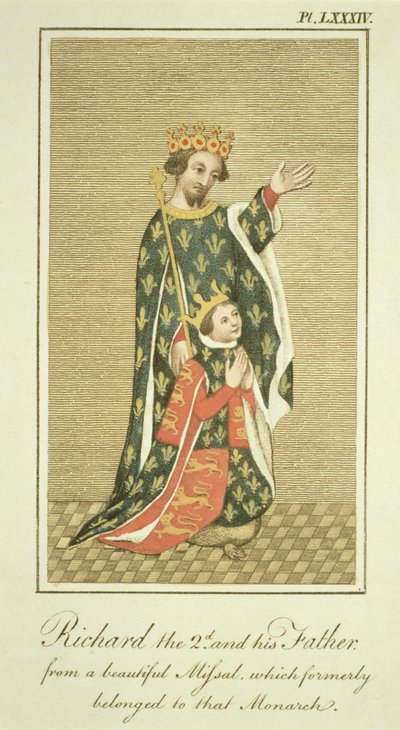 Koning Richard II (1367-1400) met zijn vader Edward (1330-76) de Zwarte Prins, illustratie uit The Complete View of the Dress and Habits of the People of England Volume II, gepubliceerd 1799 door English School