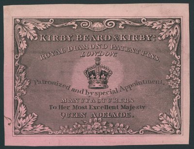 Kirby, Beard en Kirby, Royal Diamond Patent Pins, handelskaart door English School