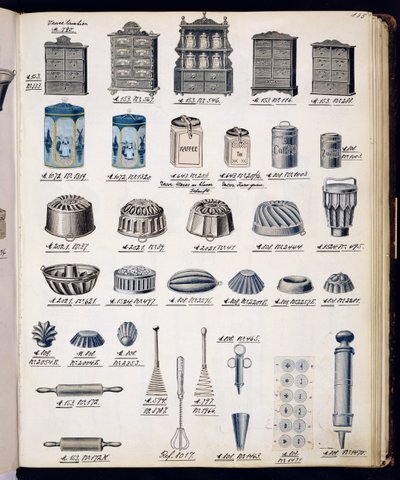 Keukenopslag en -gerei uit een handelscatalogus van huishoudelijke goederen en fittingen, c.1890-1910 door English School
