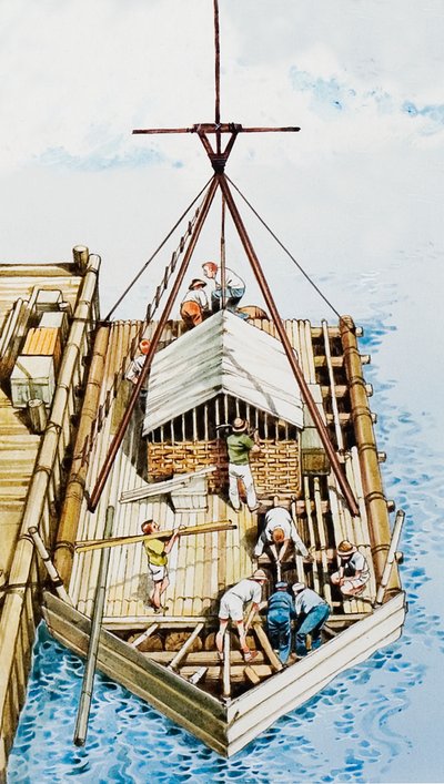 Kon-Tiki wordt gebouwd van balsahout door English School