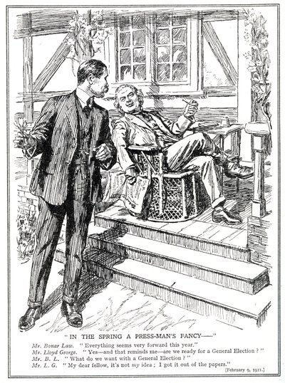 Lloyd George en Bonar Law bespreken de vooruitzichten van een algemene verkiezing, februari 1920 door English School