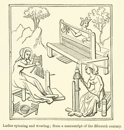 Dames spinnen en weven, uit een manuscript van de vijftiende eeuw door English School