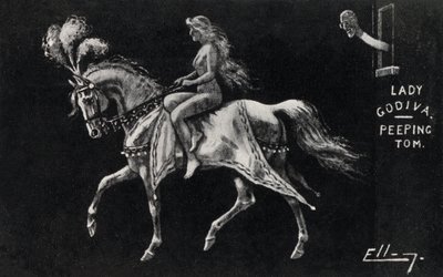 Lady Godiva die naakt te paard door de straten van Coventry rijdt, bekeken door een Gluurder door English School