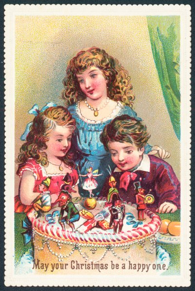 Dame en kinderen bewonderen kersttaart, kerstkaart door English School