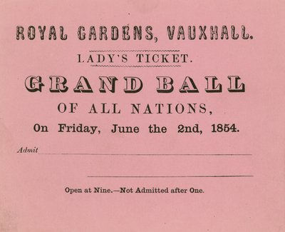 Dameskaart, Vauxhall Gardens, Londen, voor 2 juni 1854 door English School
