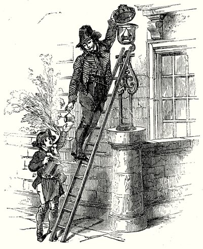 Lampenaansteker (gravure) door English School