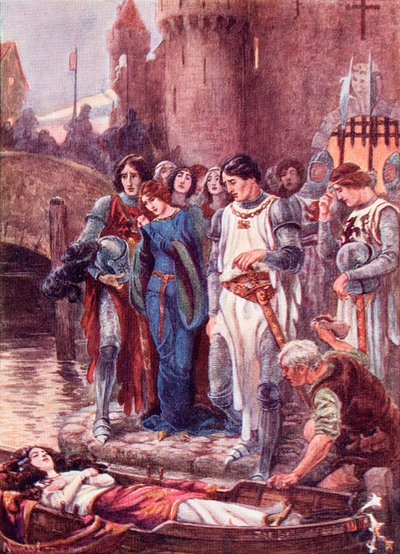 Lancelot kijkt naar de dode Lady of Shalott bij haar aankomst in Camelot. Gekleurde illustratie uit het boek The Gateway to Tennyson, gepubliceerd in 1910. door English School