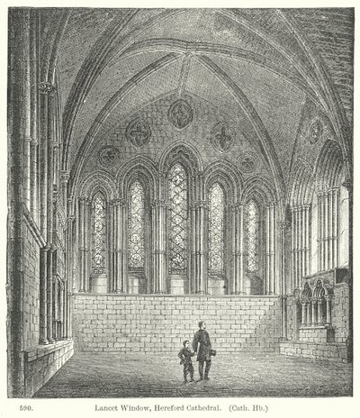 Lancetvenster, kathedraal van Hereford (gravure) door English School