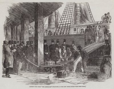 Goud lossen van "The Australian" stoomschip, in de East India Docks door English School