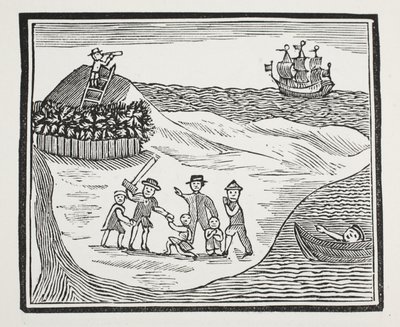 Landing van muitende bemanning op eiland, illustratie uit Chap-books van de achttiende eeuw door John Ashton, uitgegeven 1882 door English School