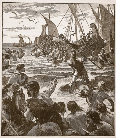 Landing van de Romeinen aan de kust van Kent, illustratie uit Cassells Illustrated History of England door English School