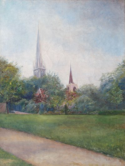 Landschap met kerken op de achtergrond door English School