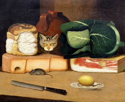 Voorraadkamer stilleven met een kat die een muis jaagt, ca.1840 door English School