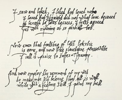 Laatste tien regels van Sir Philip Sidneys Astrophel sonnet die beschrijven hoe hij geleidelijk, en te laat, zijn eigen gevoelens over Stella realiseerde door English School