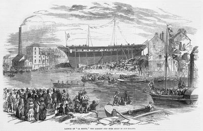 Te water laten van "La Hogue," het grootste schip ooit gebouwd in Sunderland door English School