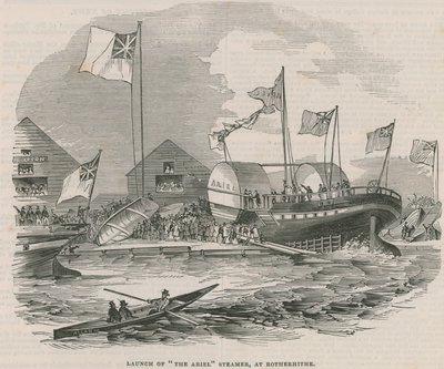 Te water laten van de Ariel stoomboot in Rotherhithe door English School