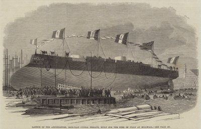 Lancering van de Affondatore, ijzeren koepel fregat, gebouwd voor de koning van Italië in Millwall, 1865 door English School